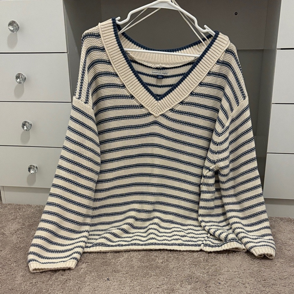 American Eagle Outfitters Navy and Cream V-Neck Sweater